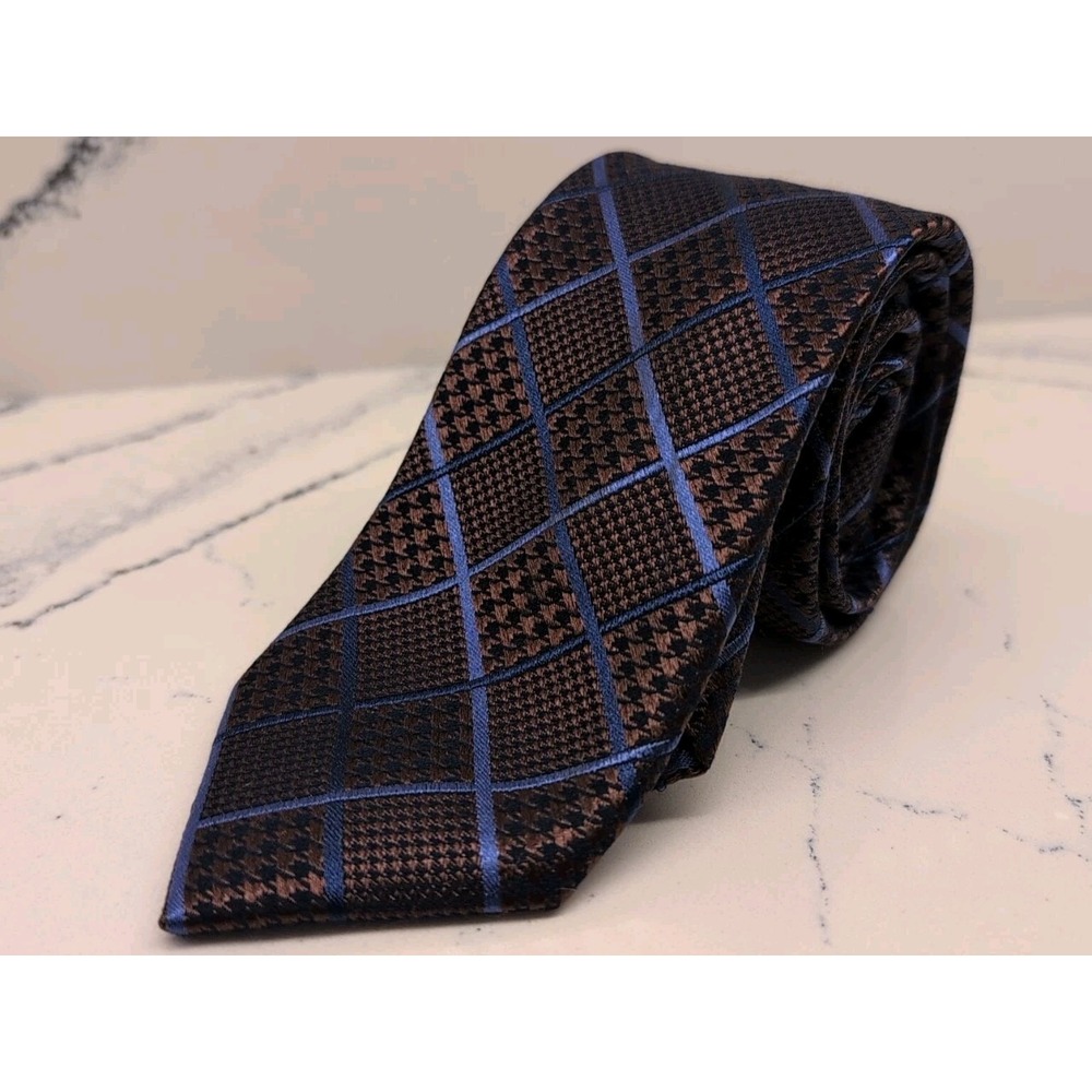 Jos A Bank 1905 Blue Brown Houndstooth Silk Tie Skinny 2.75" Classic Length